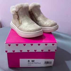 Toddler Shimmery Tan Sneaker Boots Side Gold Zipper Fur Lined
